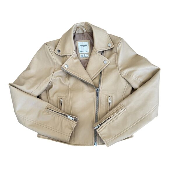 Abercrombie & Fitch Women's Vegan Leather Moto ShortJacket Light Tan Nubuck Sz S - Picture 5 of 16